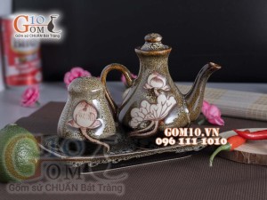 Bộ đựng gia vị Tiêu - Mắm men gấm vàng khắc sen