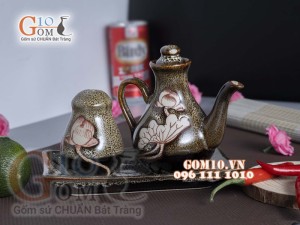 Bộ đựng gia vị Tiêu - Mắm men gấm vàng khắc sen