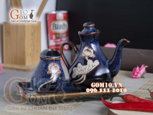 Bộ đựng gia vị Tiêu - Mắm xanh đá khắc sen