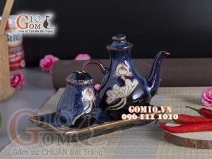 Bộ đựng gia vị Tiêu - Mắm xanh đá khắc sen