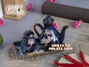 Bộ đựng gia vị Tiêu - Mắm xanh đá khắc sen