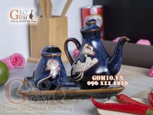 Bộ đựng gia vị Tiêu - Mắm xanh đá khắc sen