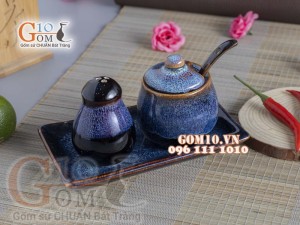Bộ đựng Tiêu - Đường men xanh đá