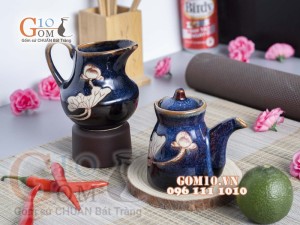 Bộ gia vị 2 món men xanh đá khắc sen