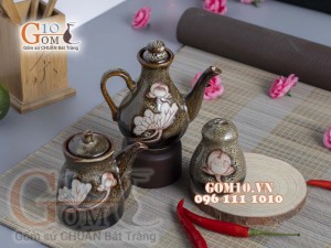 Bộ gia vị 3 món men gấm vàng khắc sen