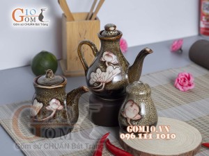 Bộ gia vị 3 món men gấm vàng khắc sen