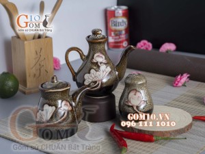 Bộ gia vị 3 món men gấm vàng khắc sen