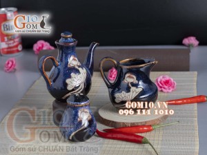 Bộ gia vị 3 món men xanh đá khắc sen