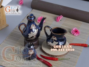 Bộ gia vị 3 món men xanh đá khắc sen