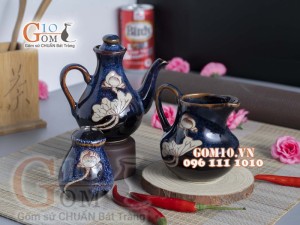 Bộ gia vị 3 món men xanh đá khắc sen