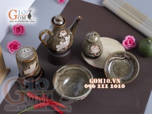 Bộ gia vị 5 món men gấm vàng khắc sen