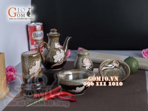 Bộ gia vị 5 món men gấm vàng khắc sen