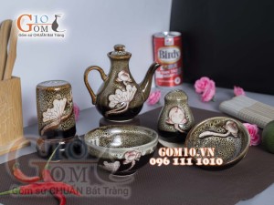 Bộ gia vị 5 món men gấm vàng khắc sen
