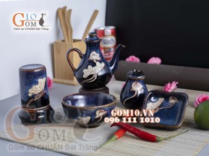 Bộ gia vị 5 món men xanh đá khắc sen