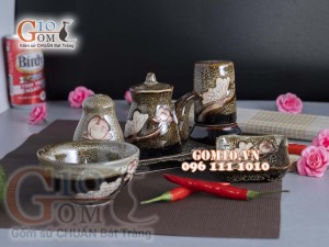 Bộ gia vị 6 món men gấm vàng khắc sen