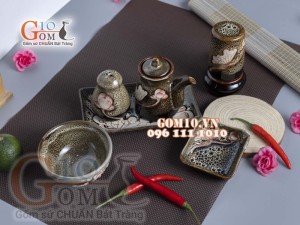 Bộ gia vị 6 món men gấm vàng khắc sen