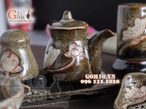 Bộ gia vị 6 món men gấm vàng khắc sen