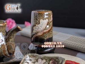 Bộ gia vị 6 món men gấm vàng khắc sen