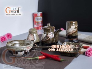 Bộ gia vị 6 món men gấm vàng khắc sen