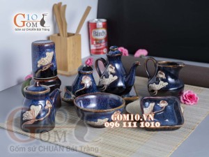 Bộ gia vị 8 món men xanh đá khắc sen