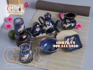 Bộ gia vị 8 món men xanh đá khắc sen