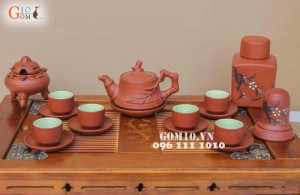 Bộ gốm tử sa đắp trúc đỏ, tách rời, đủ phụ kiện - 350ml