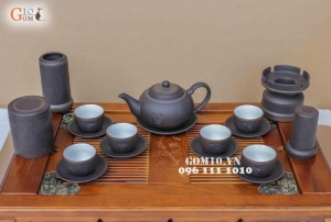 Bộ gốm tử sa tống Phúc - Lộc - Thọ, màu đen chỉ bạc, đủ phụ kiện