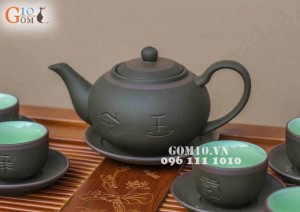 Bộ gốm tử sa tống Phúc - Lộc - Thọ, men rêu, đủ phụ kiện