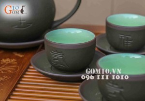 Bộ gốm tử sa tống Phúc - Lộc - Thọ, men rêu, đủ phụ kiện