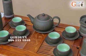 Bộ gốm tử sa tống Phúc - Lộc - Thọ, men rêu, đủ phụ kiện