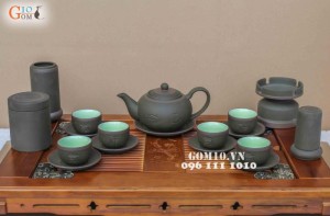 Bộ gốm tử sa tống Phúc - Lộc - Thọ, men rêu, đủ phụ kiện