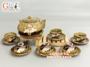 Bộ hạt men gấm vàng khắc sen, đĩa tách