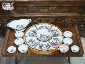 Bộ hoa mặt trời men lam cổ Rồng Phượng Như Ý, đầy đủ vẽ vàng 24k, 45cm