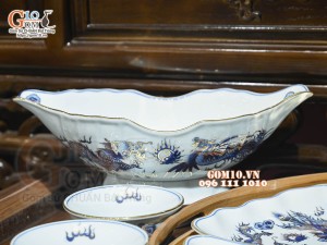 Bộ hoa mặt trời men lam cổ Rồng Phượng Như Ý, đầy đủ vẽ vàng 24k, 45cm