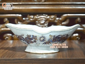 Bộ hoa mặt trời men lam cổ Rồng Phượng Như Ý, đầy đủ vẽ vàng 24k, 45cm