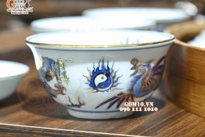 Bộ hoa mặt trời men lam cổ Rồng Phượng Như Ý, đầy đủ vẽ vàng 24k, 45cm