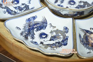 Bộ hoa mặt trời men lam cổ Rồng Phượng Như Ý, đầy đủ vẽ vàng 24k, 45cm