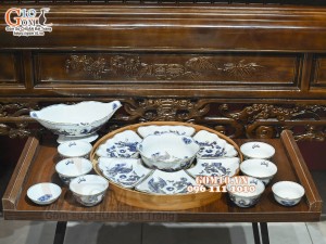 Bộ hoa mặt trời men lam cổ Rồng Phượng Như Ý, đầy đủ vẽ vàng 24k, 45cm