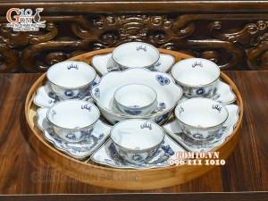 Bộ hoa mặt trời men lam cổ Rồng Phượng Như Ý, vẽ vàng 24k, 45cm