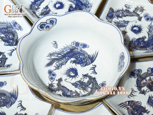 Bộ hoa mặt trời men lam cổ Rồng Phượng Như Ý, vẽ vàng 24k, 45cm