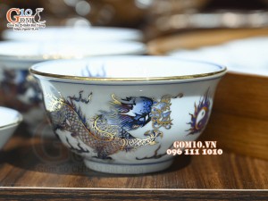 Bộ hoa mặt trời men lam cổ Rồng Phượng Như Ý, vẽ vàng 24k, 45cm