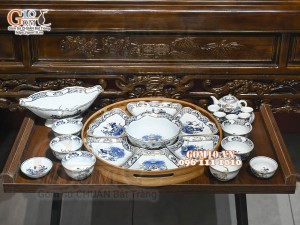 Bộ hoa mặt trời men lam cổ Sen Cát Tường đầy đủ, vẽ vàng 24k, 45cm