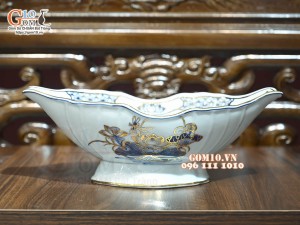 Bộ hoa mặt trời men lam cổ Sen Cát Tường đầy đủ, vẽ vàng 24k, 45cm