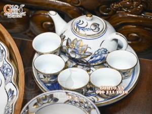 Bộ hoa mặt trời men lam cổ Sen Cát Tường đầy đủ, vẽ vàng 24k, 45cm