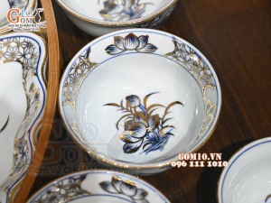 Bộ hoa mặt trời men lam cổ Sen Cát Tường đầy đủ, vẽ vàng 24k, 45cm