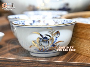 Bộ hoa mặt trời men lam cổ Sen Cát Tường đầy đủ, vẽ vàng 24k, 45cm