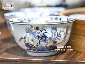 Bộ hoa mặt trời men lam cổ Sen Cát Tường đầy đủ, vẽ vàng 24k, 45cm