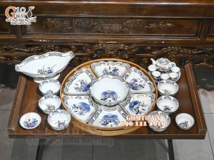 Bộ hoa mặt trời men lam cổ Sen Cát Tường đầy đủ, vẽ vàng 24k, 45cm