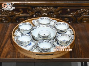 Bộ hoa mặt trời men lam cổ Sen Cát Tường, vẽ vàng 24k, 45cm