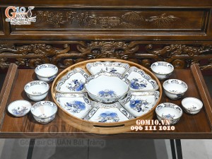 Bộ hoa mặt trời men lam cổ Sen Cát Tường, vẽ vàng 24k, 45cm